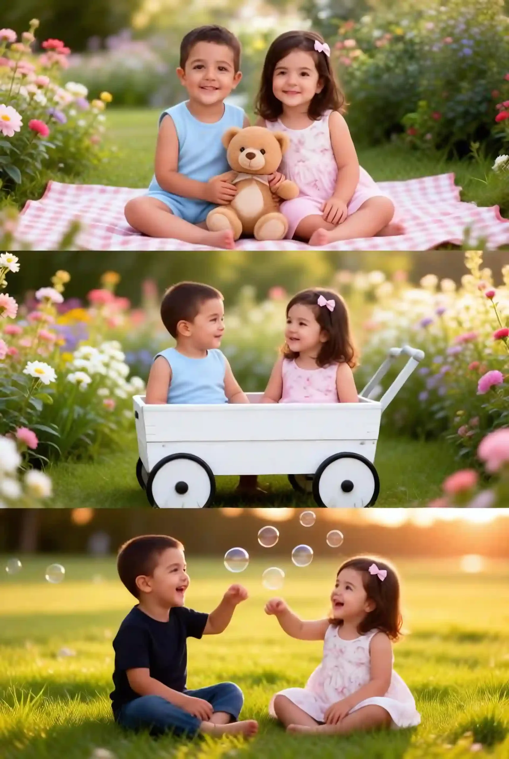 Cute baby sibling collage in a flower garden.