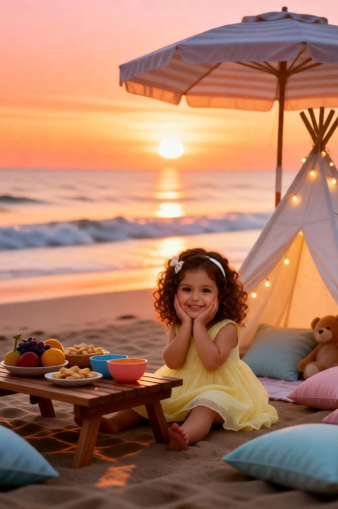 Baby girl beach sunset photoshoot with dreamy picnic setup