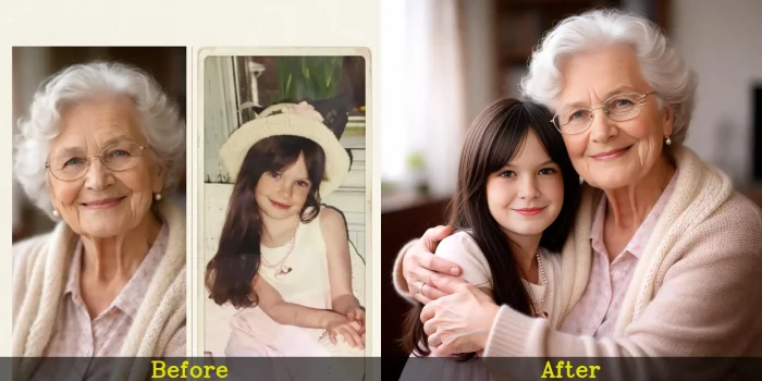 Double-exposure portrait blending mom’s past and present
