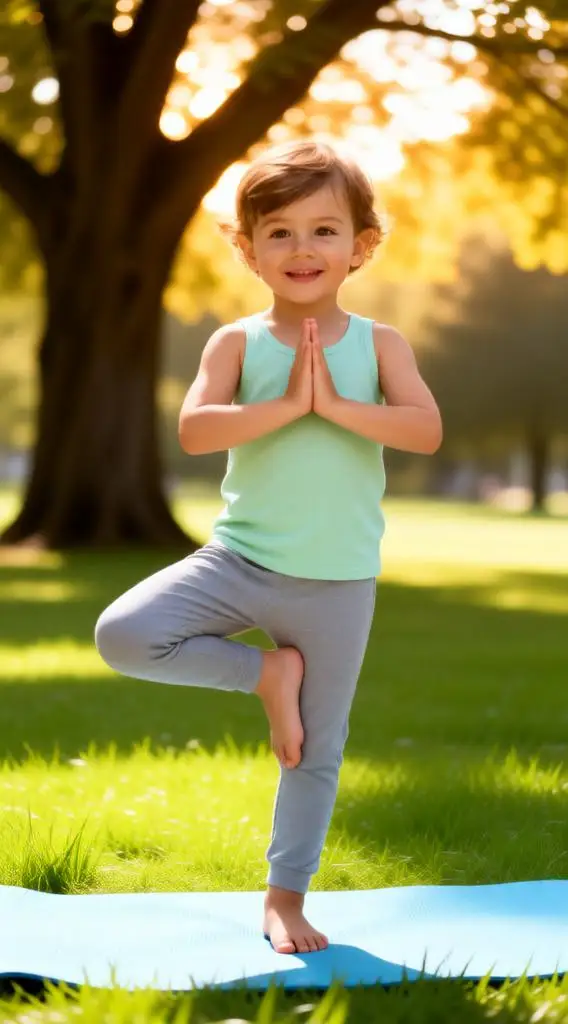 Little boy practicing Tree Pose yoga on grass outdoors.