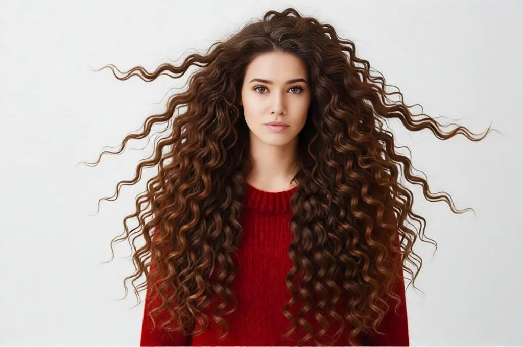 Person with long messy natural curls, full volume