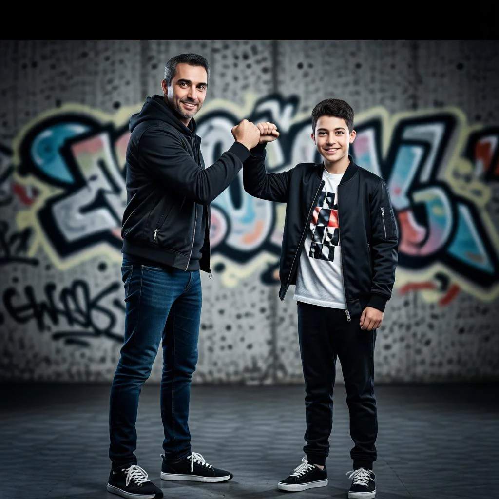 Stylish urban father and son studio portrait with cool fist bump pose.
