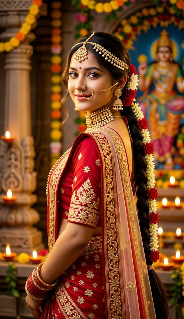 Royal Radha Rani portrait in red lehenga with temple background, diyas, and gold jewelry.