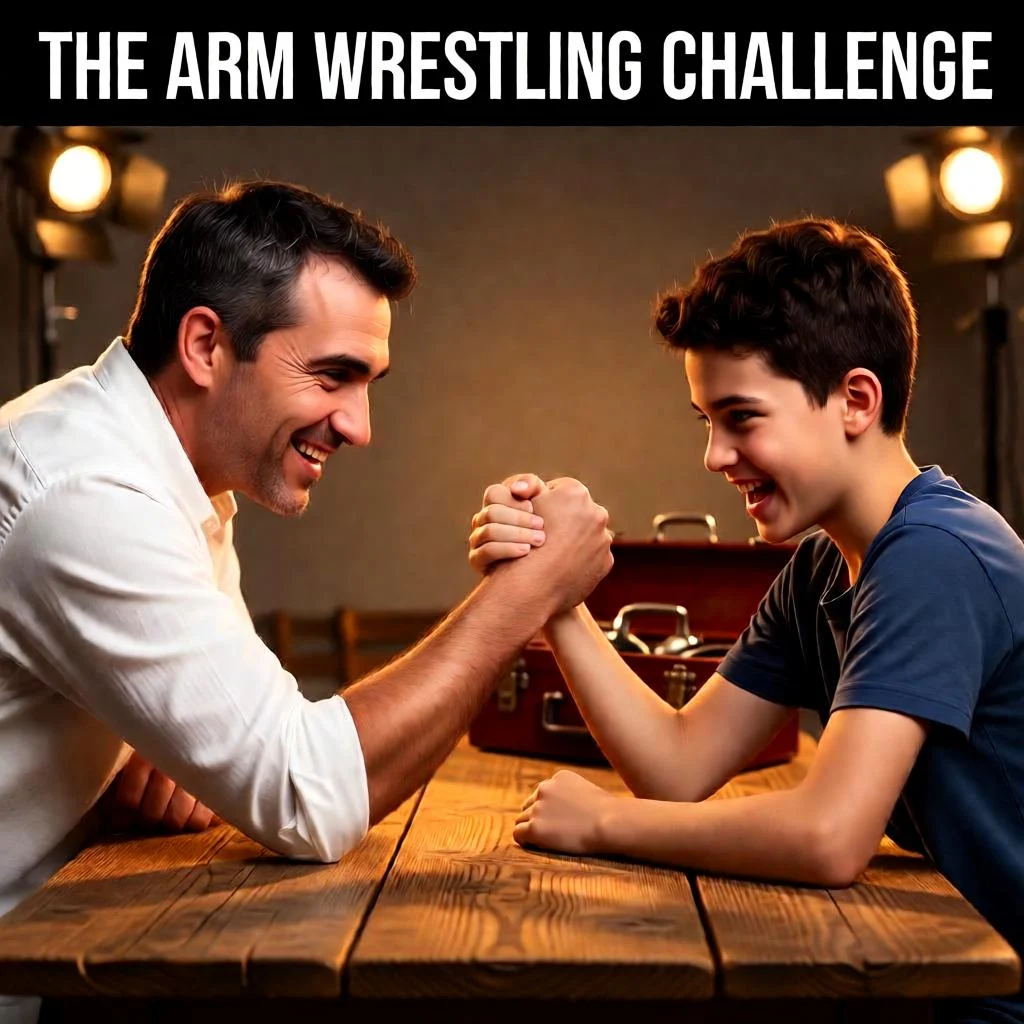 Fun arm wrestling challenge portrait of father and son in studio.