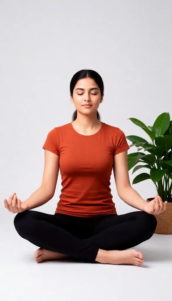 Young woman meditating in Sukhasana pose with an indoor plant backdrop.