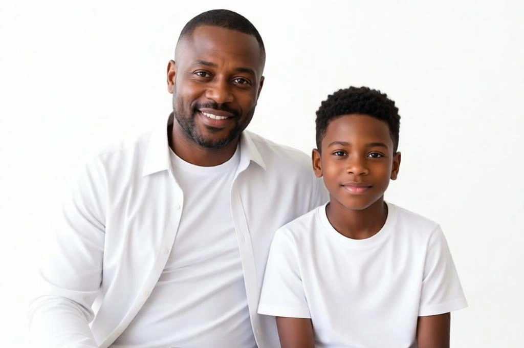 Minimalist all-white fine art portrait of father and son in the studio.