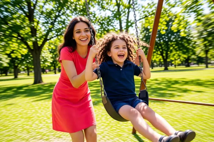 Mother pushing her daughter on a swing in a bright park.