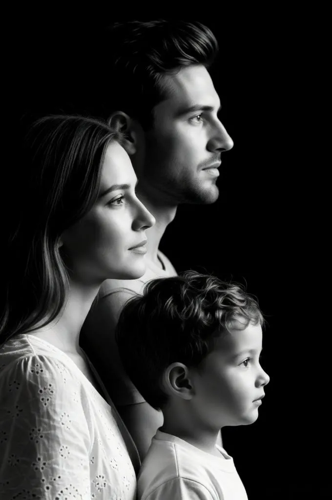 Black and white side-profile portrait of a family with dramatic studio lighting.