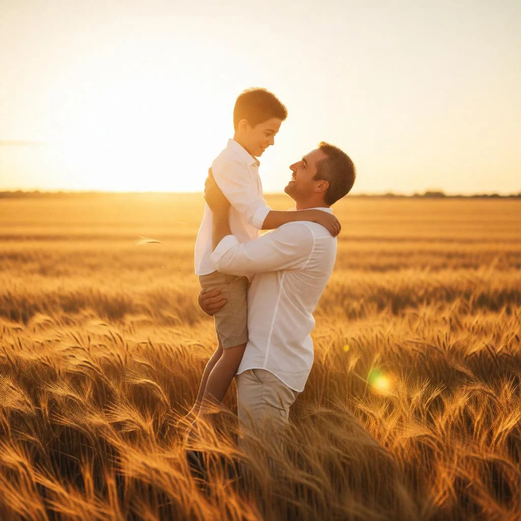 Golden hour wheat field portrait of father lifting joyful son in the air.