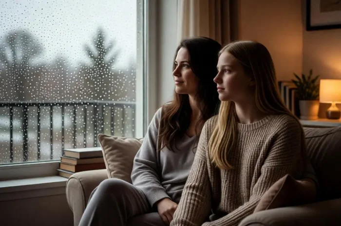 Mother and daughter sitting by a rainy window in a cozy room.
