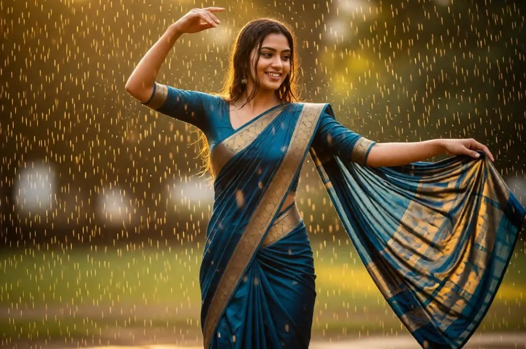 Peaceful rainy golden hour portrait of a girl with wet saree and glowing blue cinematic lighting.