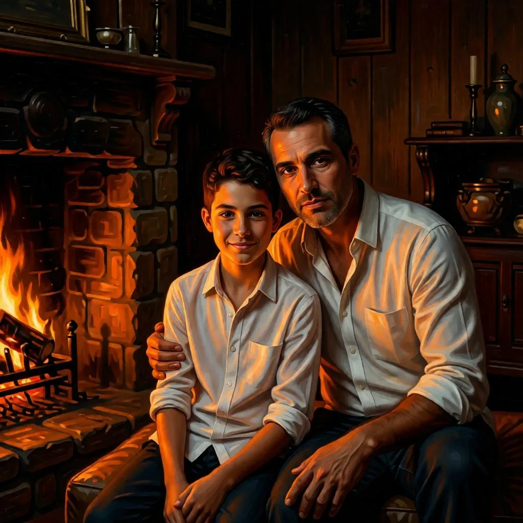 Hyper-realistic oil painting of father and son beside the fireplace.