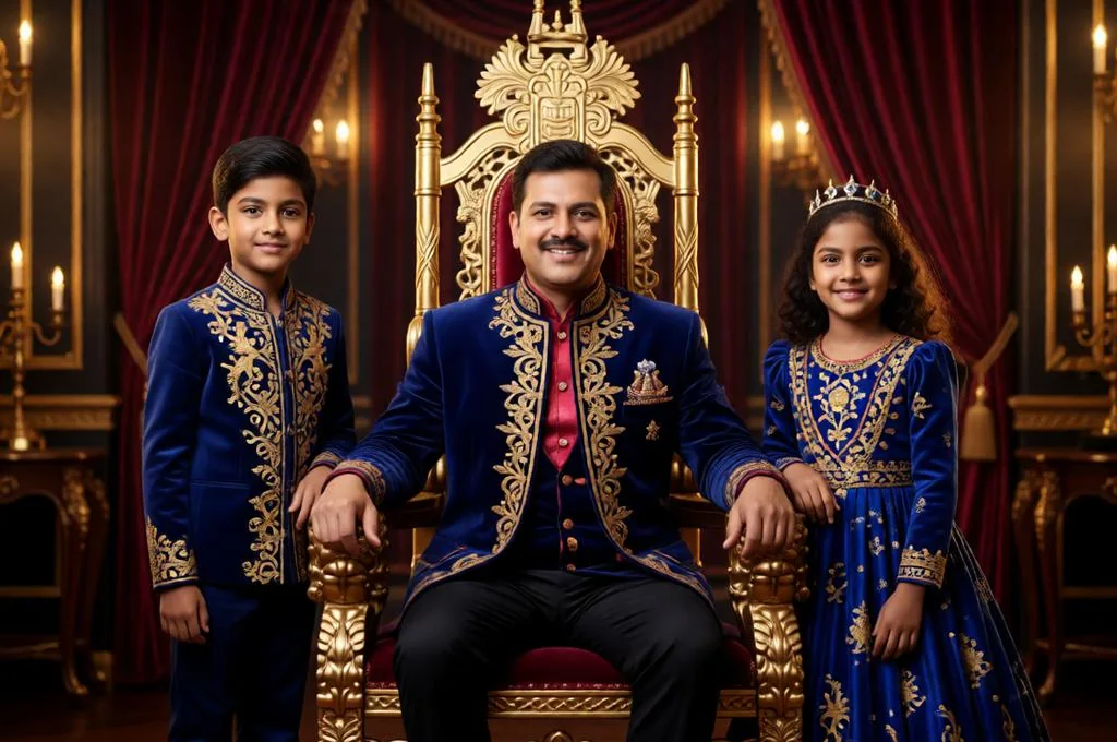 Royal-style Father’s Day family portrait with golden throne.