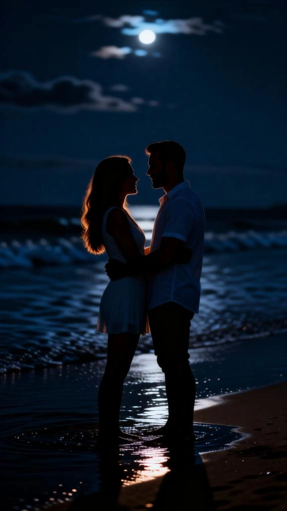 Romantic night beach couple portrait with cinematic lighting