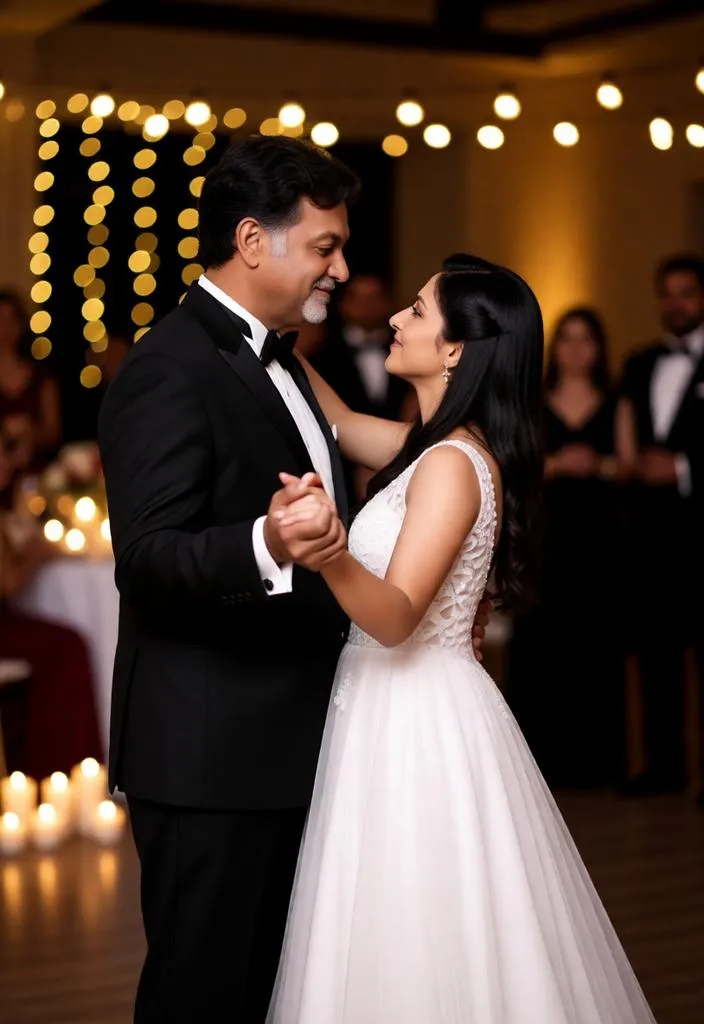Emotional father-daughter dance at a wedding reception.