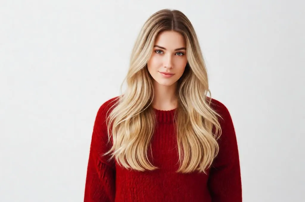 Person with same hairstyle, blonde balayage gradient