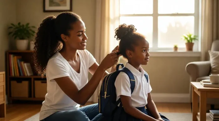 Mother tying her daughter’s hair before school in soft morning light.