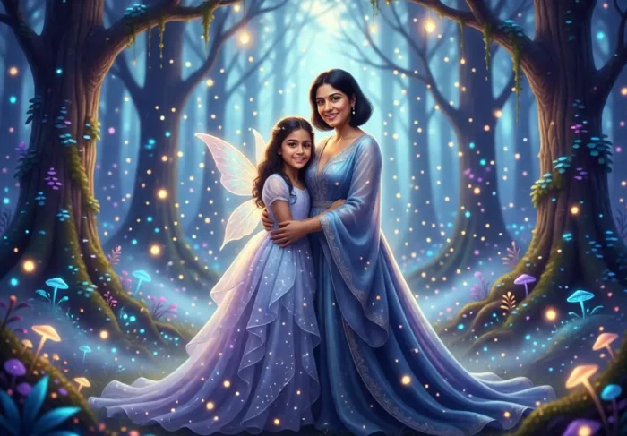 Fantasy scene of mother and daughter in a magical forest.