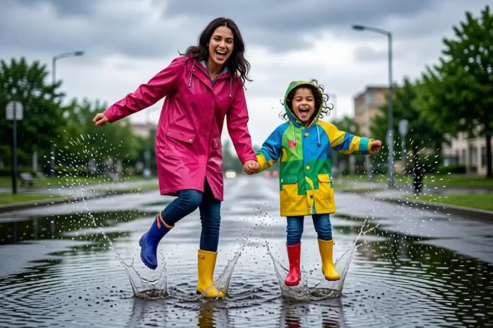 Mother and child playing in rain puddles wearing raincoats.
