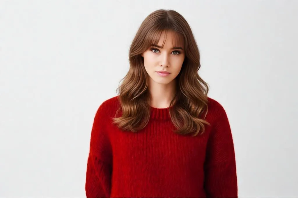 Person with curtain bangs and medium-length hair