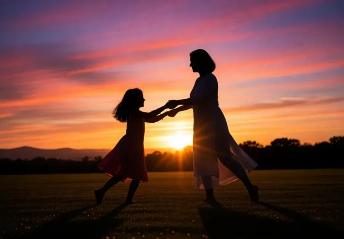 Silhouette of mother and daughter dancing at sunset.