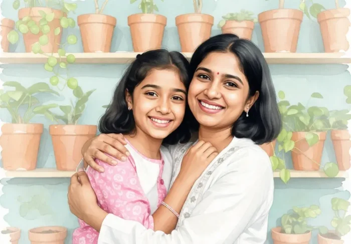 Watercolor-style painting of mother and daughter hugging.