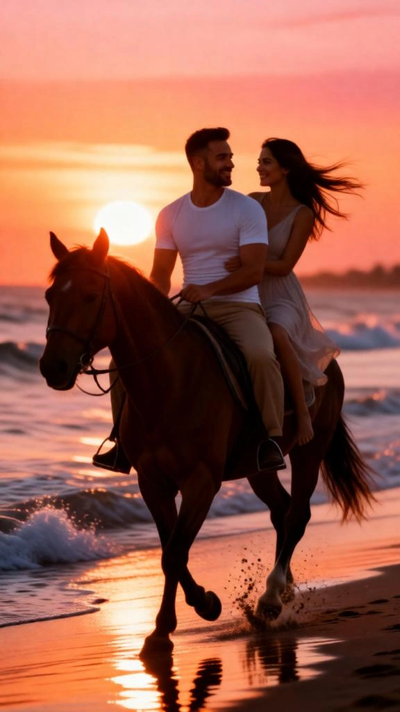 Couple riding horse on beach during cinematic sunset