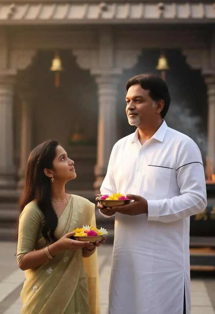Father and daughter praying together at a temple.