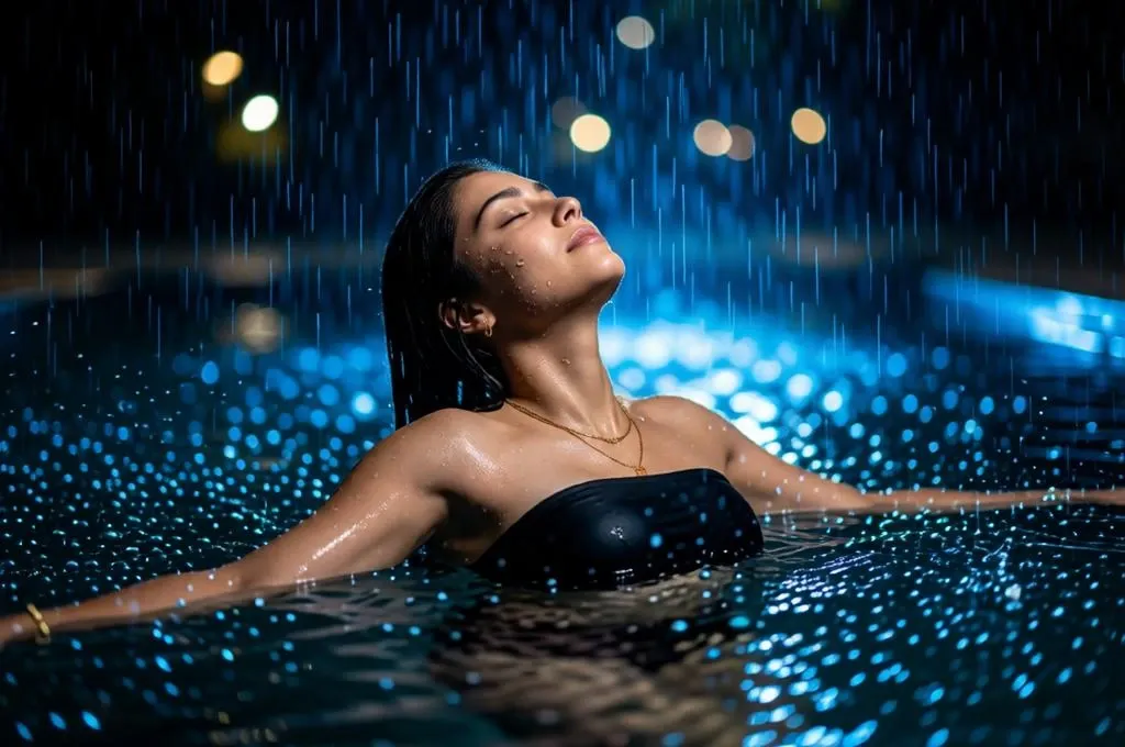 Cinematic rainy pool portrait of a girl floating in dark blue water under heavy night rain.