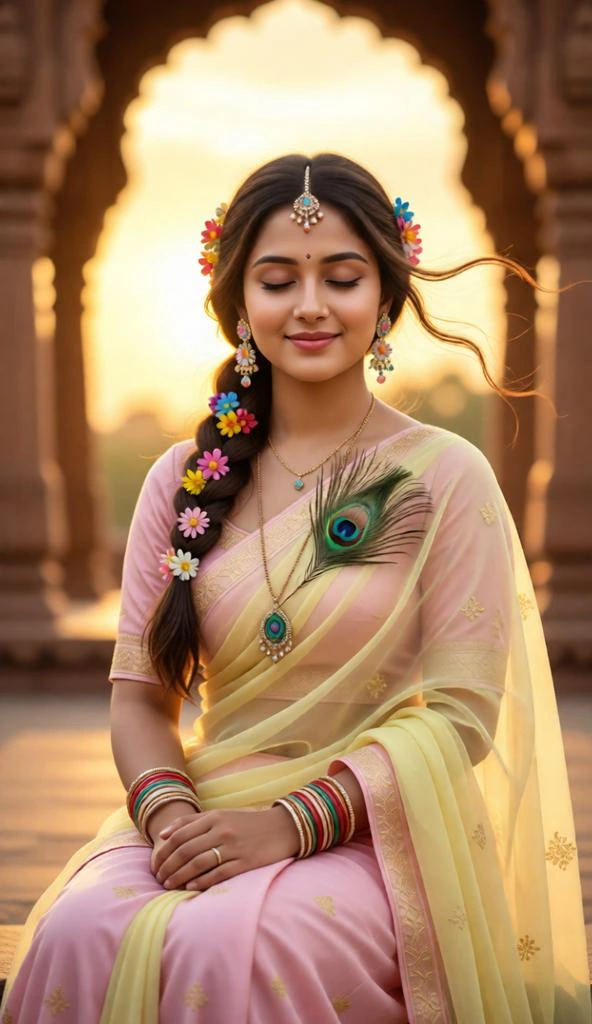 Radha Rani-inspired portrait in pastel pink Saree with floral braid and dreamy temple background.