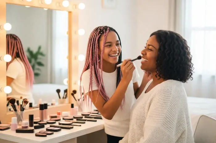 Daughter applying makeup on her mother in a fun moment.