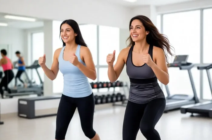 Mother and daughter working out together in a gym.