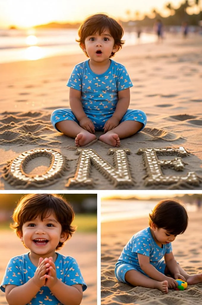 Baby boy sunset beach collage with cinematic warm glow