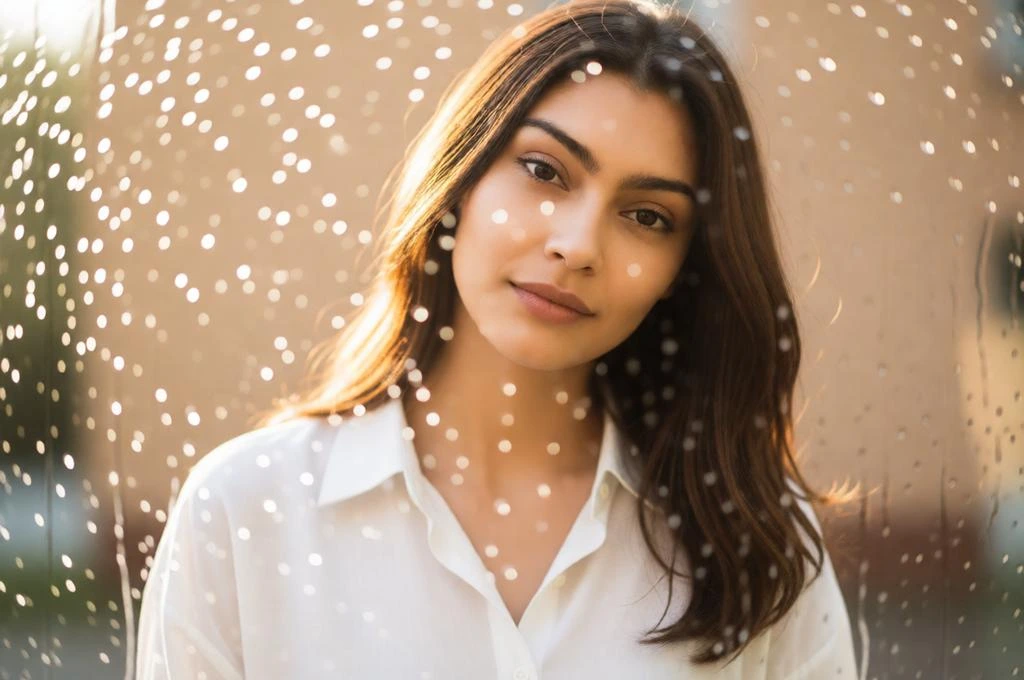 Soft portrait of a girl behind a rain-covered glass window with warm sunlight and dreamy mood.