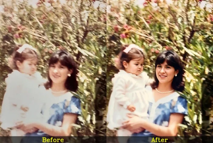 Sharpened blurry childhood family photo with enhanced clarity
