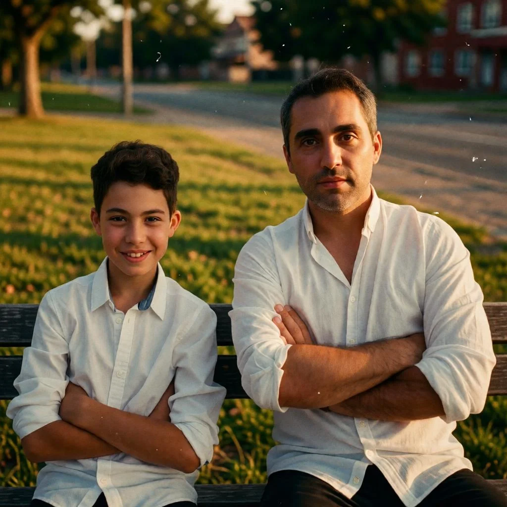 Vintage film-style outdoor father and son portrait with nostalgic tones.