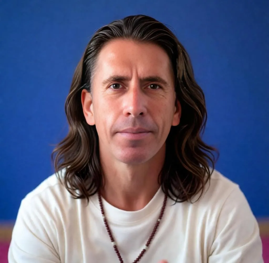 Man with medium-long wavy hair, brushed back