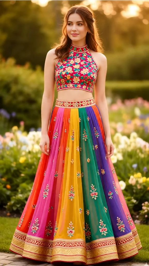 Woman wearing a multicolored bridal lehenga with vibrant panel design and gold details.