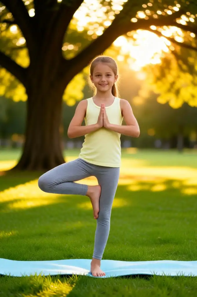 Little girl practicing Tree Pose yoga in sunny park outdoors.