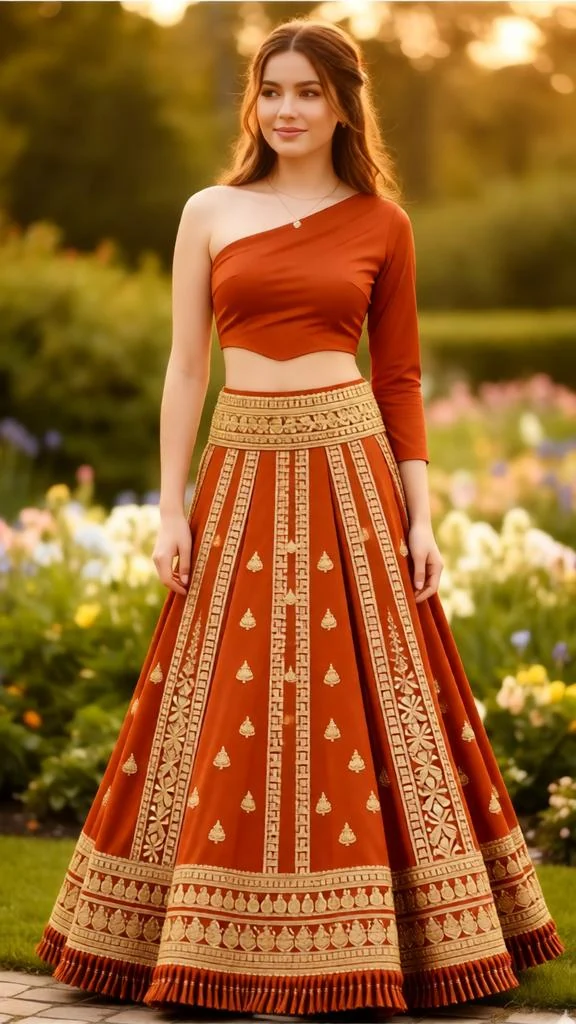 Woman wearing a rust orange lehenga with a one-shoulder blouse and gold motifs.