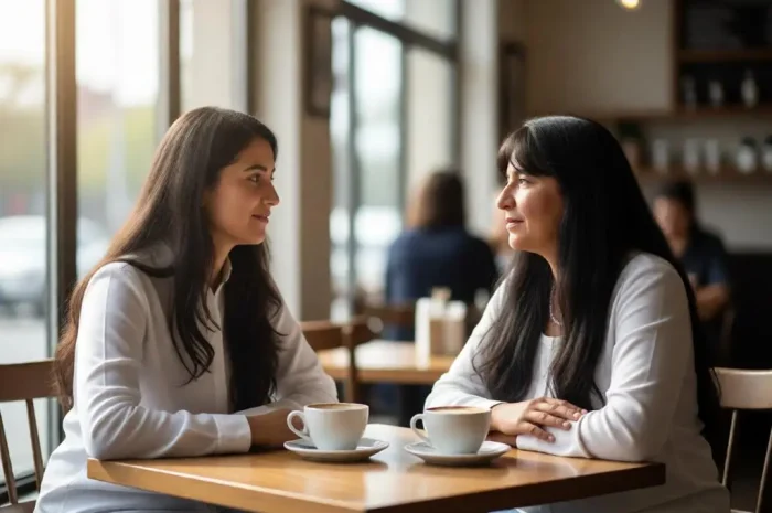 Mother and adult daughter talking over coffee in a café.