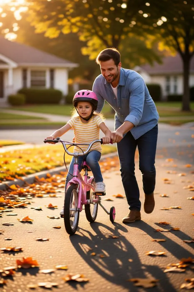 Father teaching daughter to ride a bicycle outdoors.