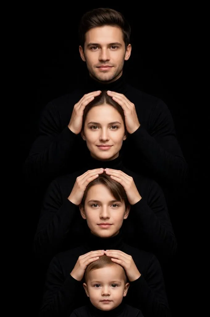 Minimal family portrait of four in black outfits with elegant stacked composition.