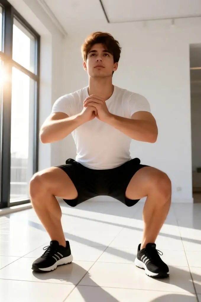 Athletic man performing deep squat exercise indoors.
