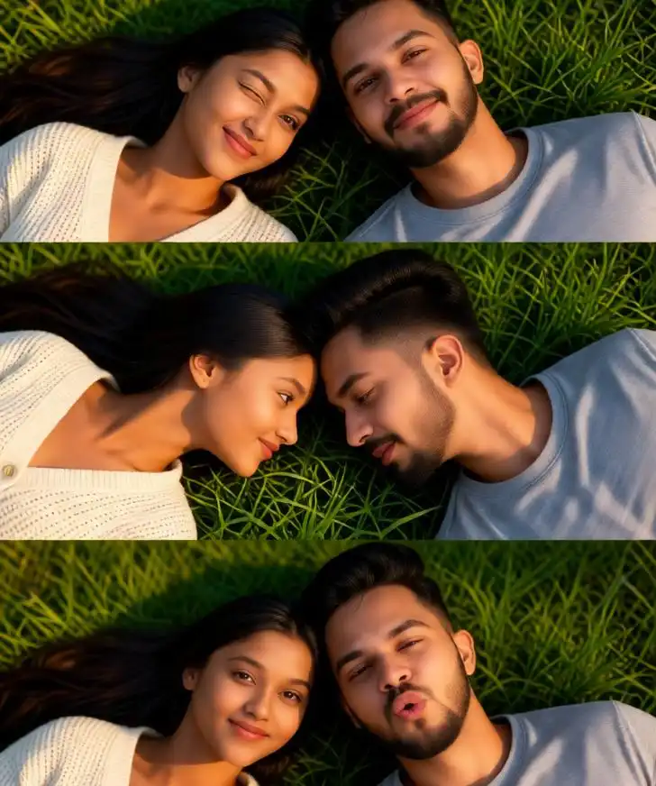 Romantic grass-field couple collage at golden hour.