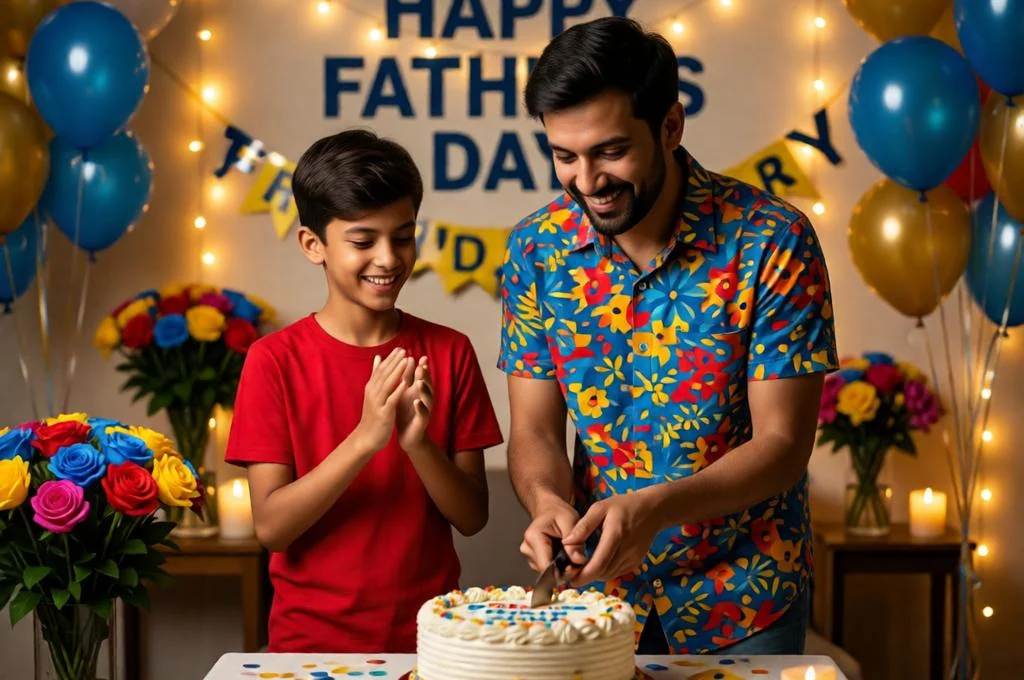 Father and son celebrate Father’s Day with a cake cutting in a decorated room.