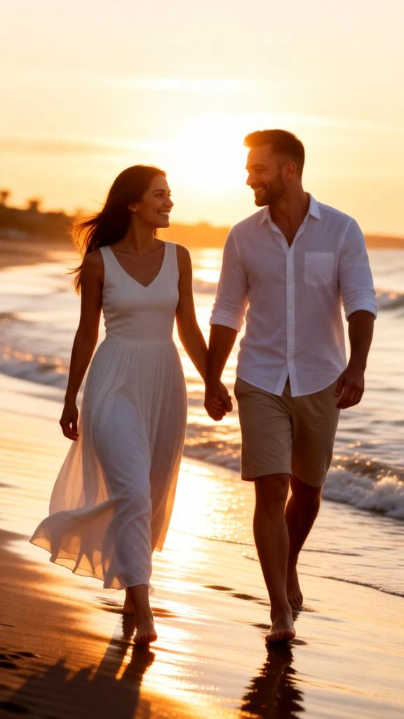 Romantic couple walking barefoot on the beach during sunset