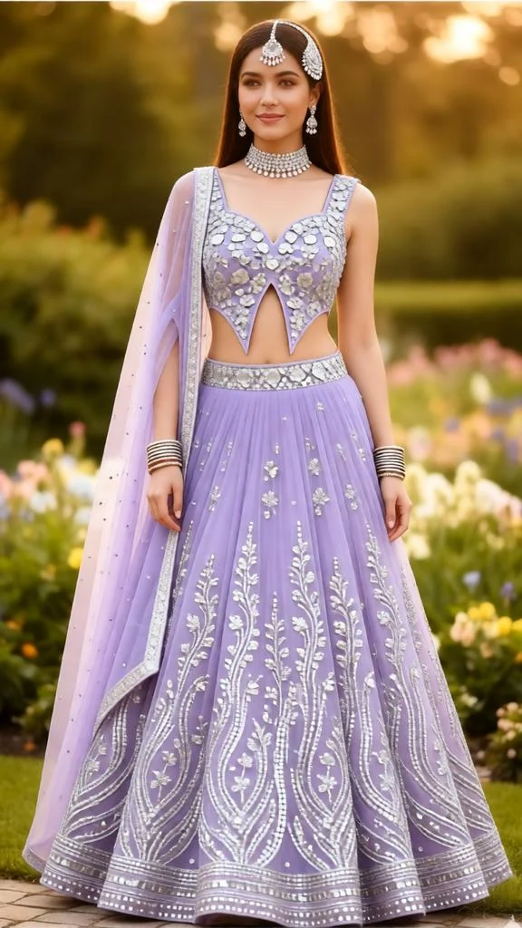Woman wearing a lavender lehenga with silver embroidery and diamond jewelry.