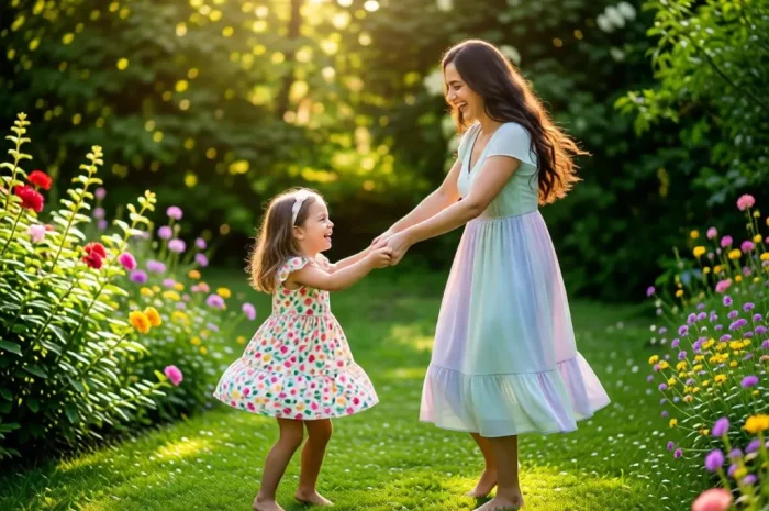 Mother and young daughter are spinning happily in a sunny garden.
