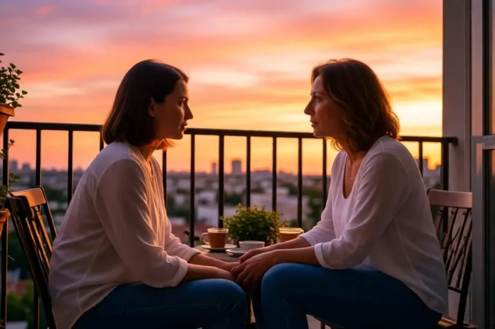 Mother and daughter talking on a balcony at sunset.